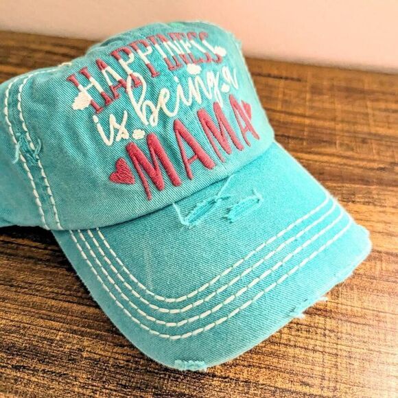 2/$30 Teal Distressed Happiness is Being a Mama Hat - Picture 2 of 5